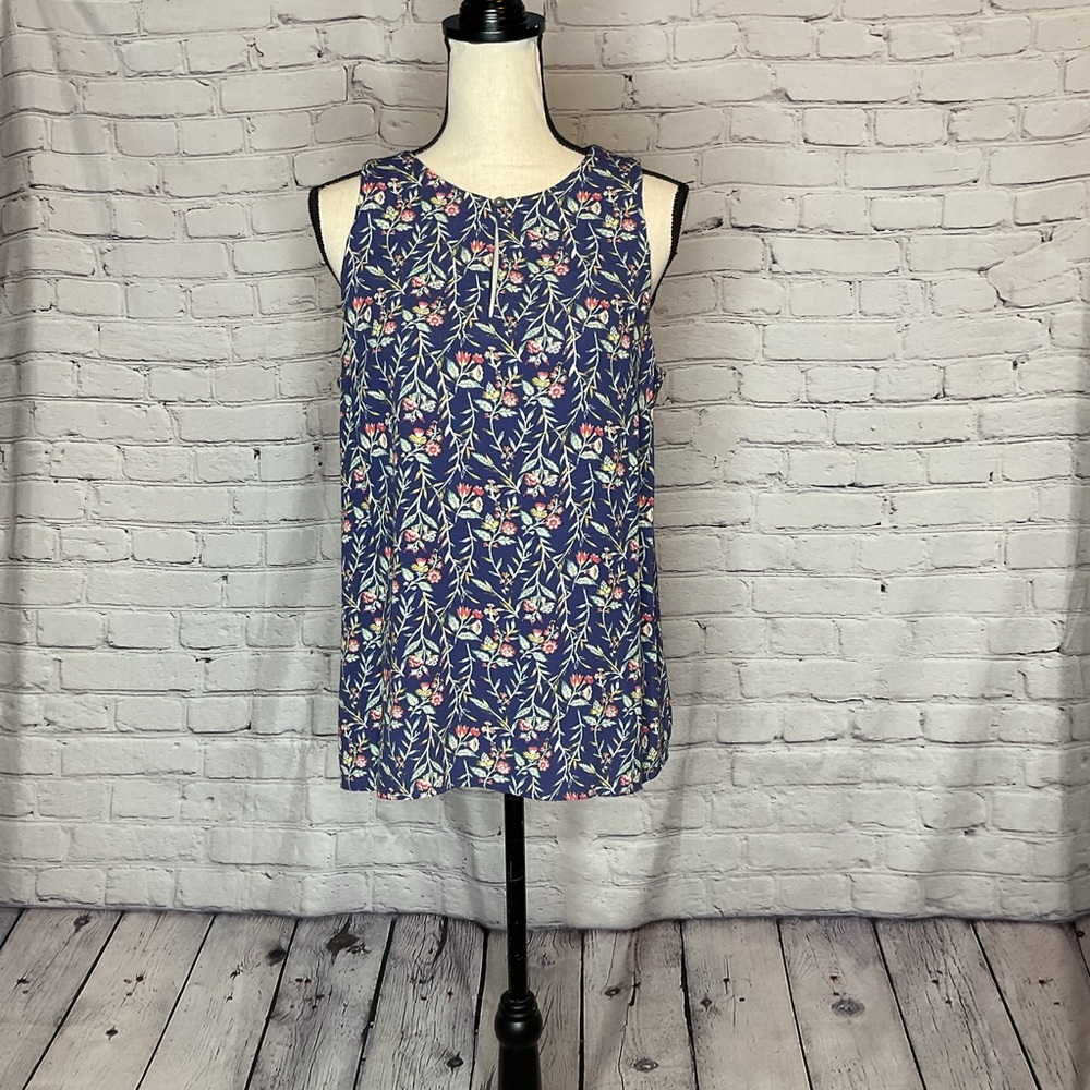 LOFT Blue Floral Sleeveless Keyhole Cut Out Tie Back Top Medium NWT